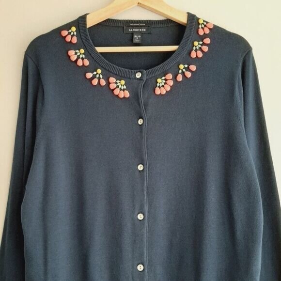 LAND'S END 100% Supima Cotton Gem Neckline Button Down Cardigan Navy Sz XL P 18 - Picture 2 of 11